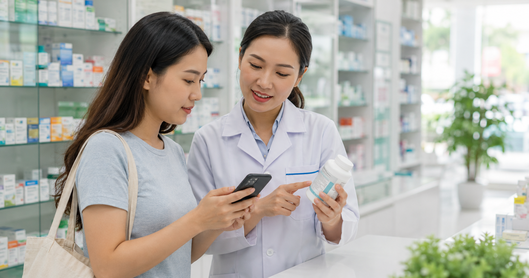 Người dùng kiểm tra thông tin sức khỏe trên điện thoại trước khi mua sản phẩm