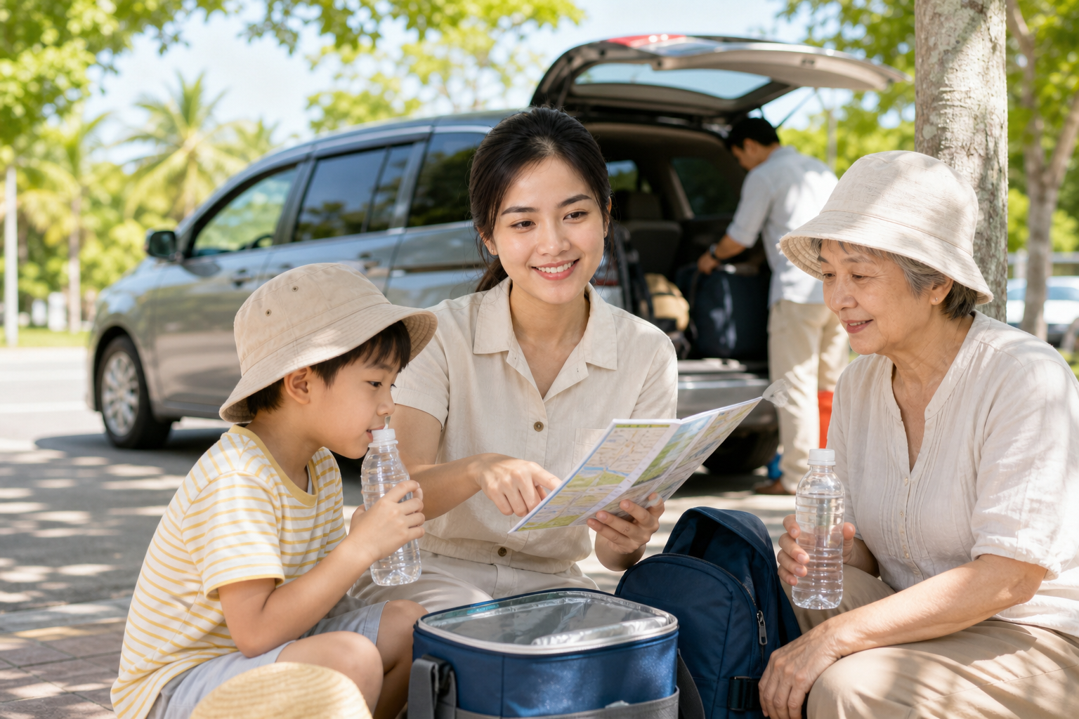 Gia đình mang theo nước và nghỉ ở nơi có bóng râm khi đi đường dài trong ngày nóng