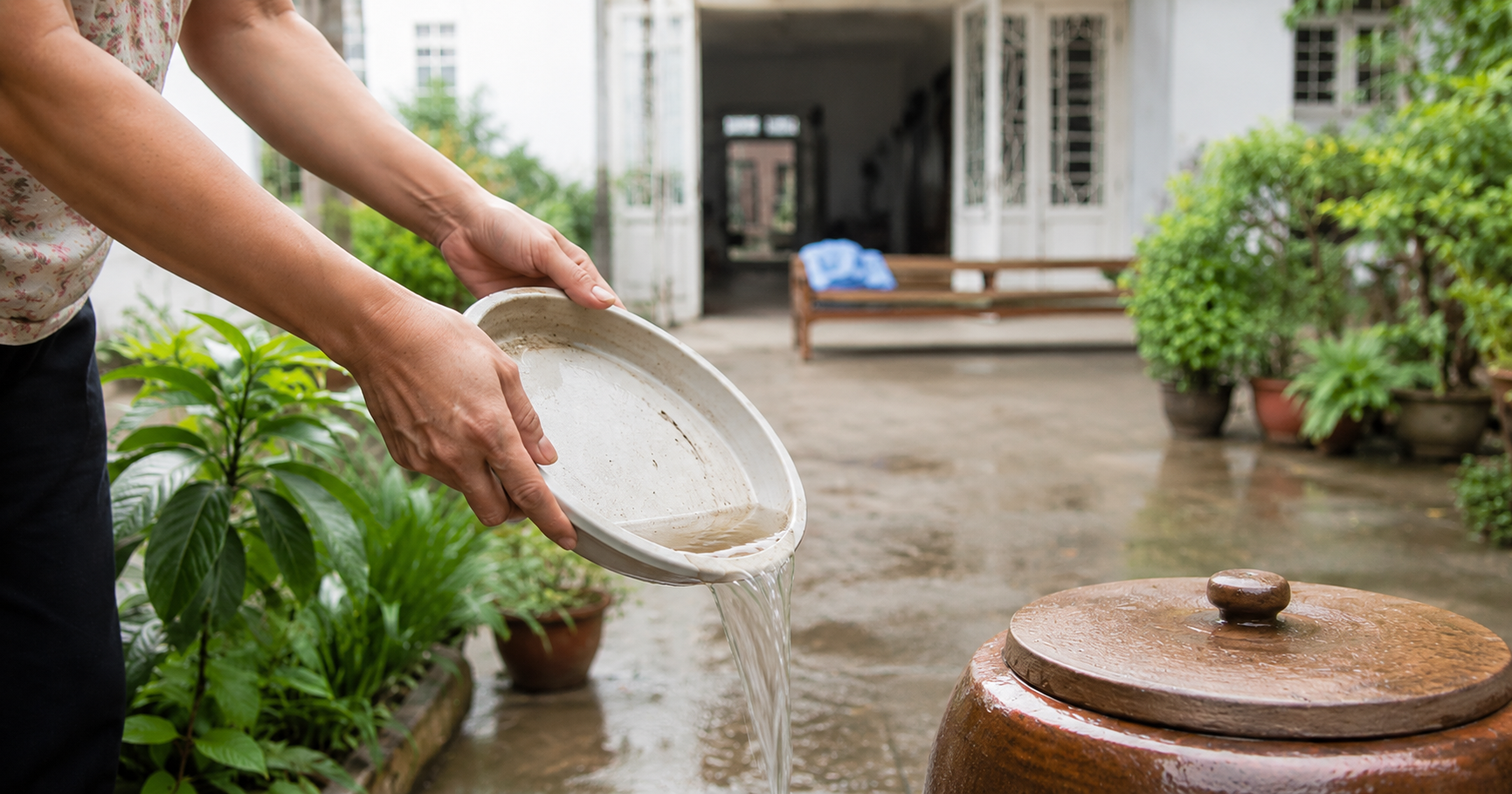 Ảnh minh họa đổ bỏ nước đọng trong sân nhà để phòng muỗi vằn mùa mưa