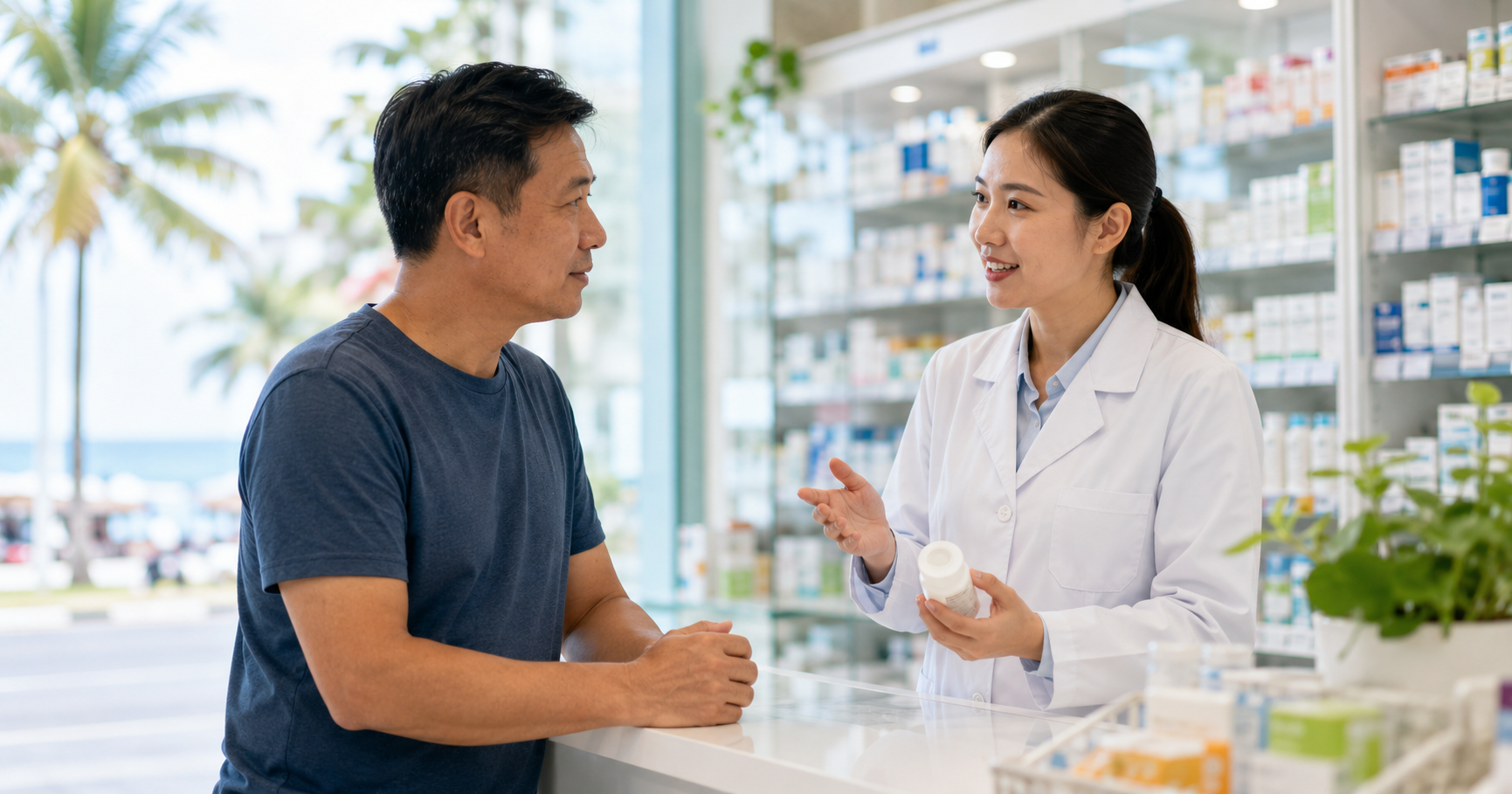 Nam giới trung niên trao đổi sức khỏe kín đáo với Dược sĩ tại nhà thuốc