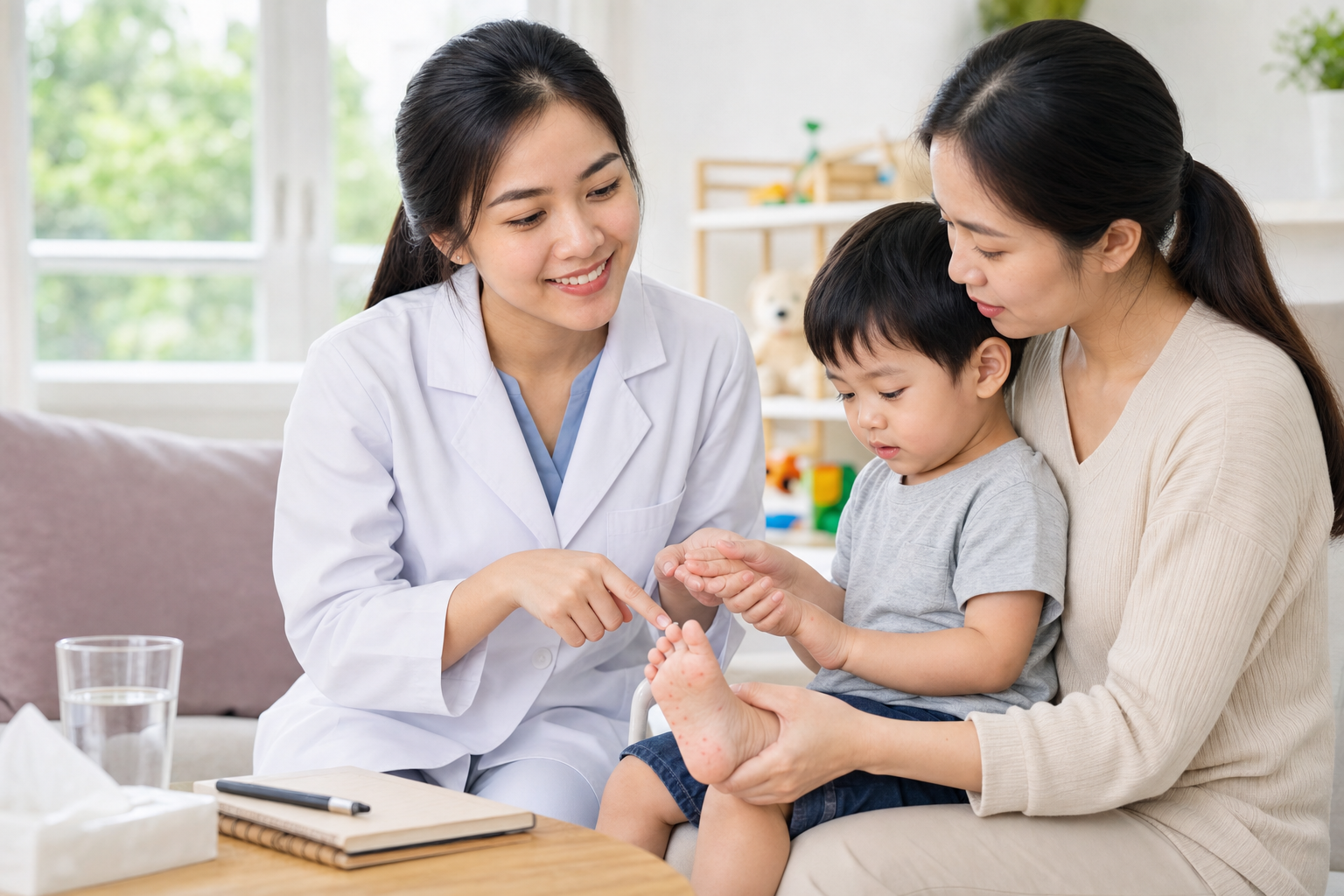 Cha mẹ quan sát trẻ có nốt phỏng ở tay và bàn chân trong không gian gia đình sáng sạch