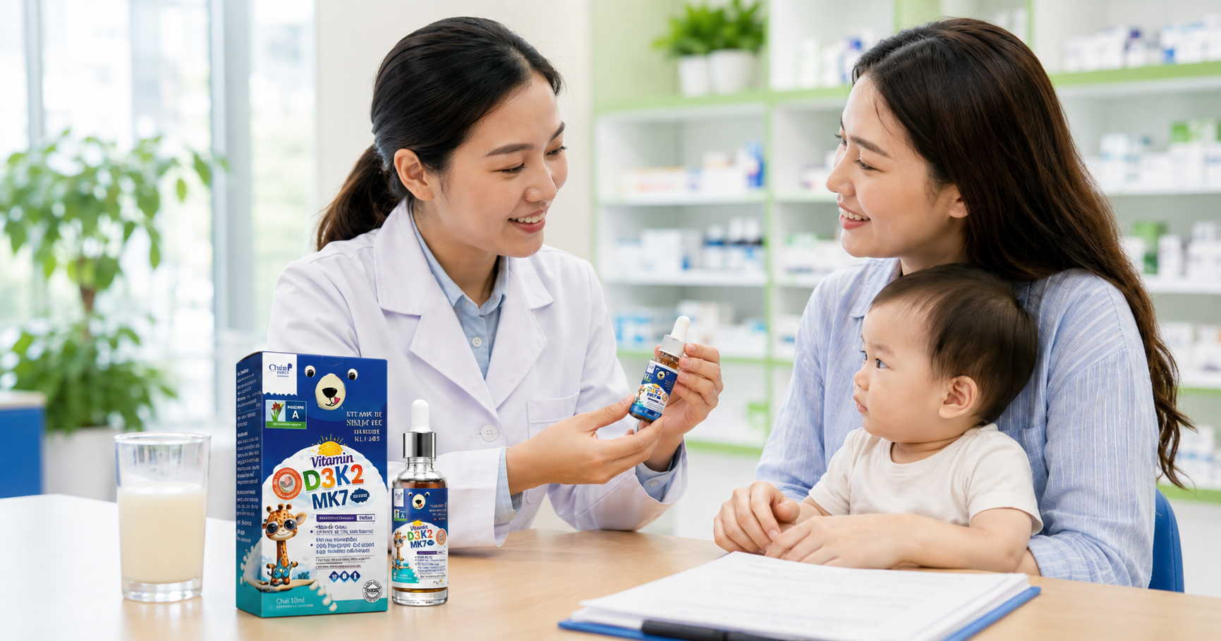 Dược sĩ tư vấn vitamin D3 K2 và canxi cho mẹ và bé tại nhà thuốc