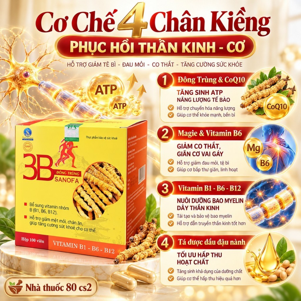 3B Đông Trùng Sanofa H100v Vitamin B1 B6 B12, Đông Trùng Hạ Thảo, CoQ10, Magie Giảm Mệt Mỏi, Tê Bì Vai Gáy