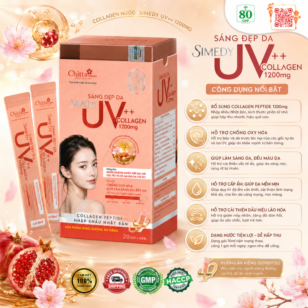 Collagen Nước UV++ 1200mg Hộp 20 Gói - Sáng Da, Đẹp Da, hạn chế tác hại UV - Collagen Peptide Nhật