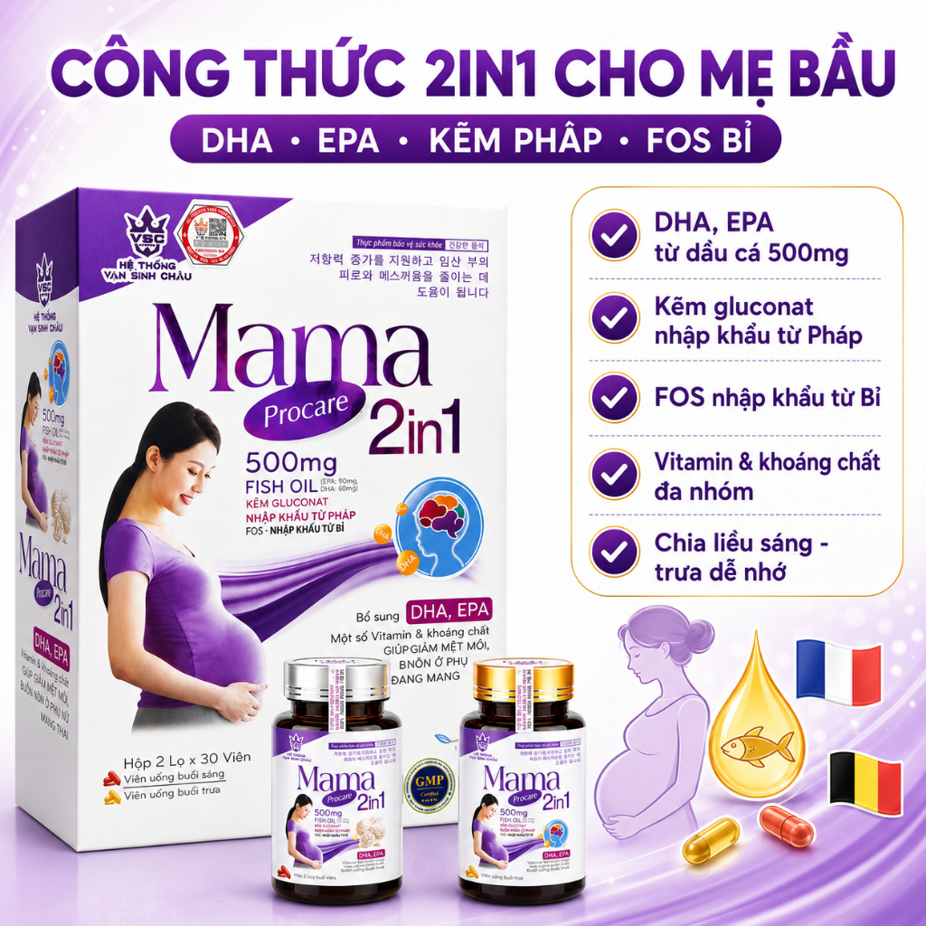 Mama Procare 2in1 500mg Hộp 2 Lọ x 30 Viên - DHA EPA, Kẽm Nhập Pháp, FOS Nhập Bỉ Cho Mẹ Bầu