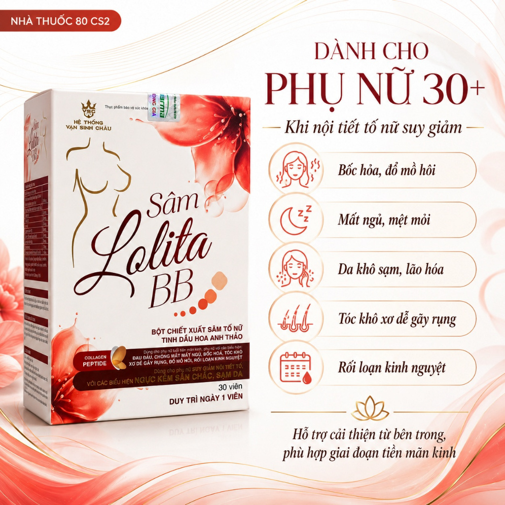 Nội Tiết Tố Nữ Sâm Lolita BB Hôp 30 viên Hỗ Trợ Tiền Mãn Kinh, Đẹp Da, giảm nguy cơ lão hóa da, ngực kém săn chắc